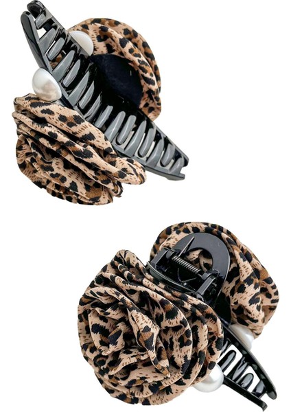 Leopar Desenli Beyaz Incili Gül Kıskaç Toka (12CM)