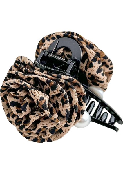 Leopar Desenli Beyaz Incili Gül Kıskaç Toka (12CM)