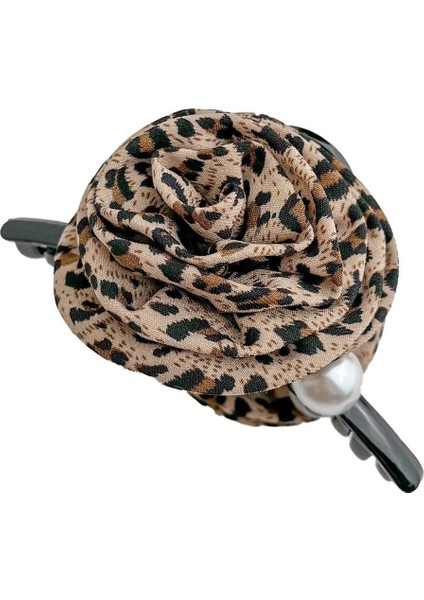 Leopar Desenli Beyaz Incili Gül Kıskaç Toka (12CM)