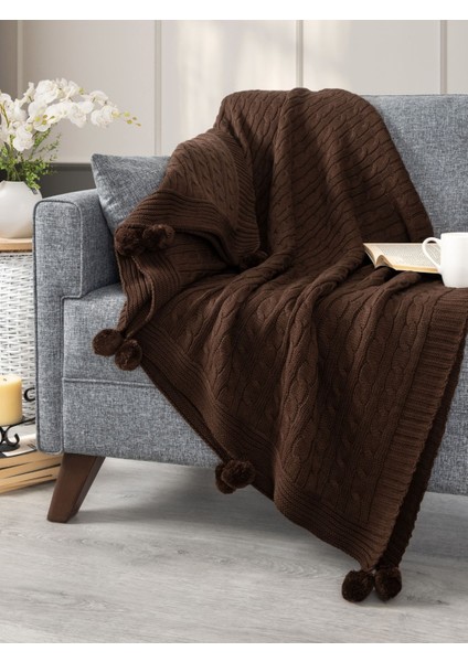 Ponponlu Triko Örme Tv Battaniyesi – Koltuk & Omuz Şalı & Diz Battaniyesi – 130X170CM - Kahverengi