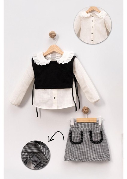 (2-9 Yaş) Kazağı Desenli Şortetekli Cekenli 3 Lü Kız çocuk takım - Siyahbeyaz