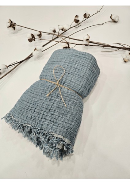 Denim Mavi 4 Katlı Müslin Bebek-Çocuk Battaniyesi Pamuk 110X110 cm