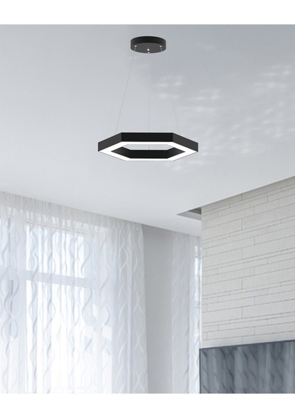 Hexagon (Siyah Kasa, Beyaz Işık) Ledli Modern Sarkıt LED Avize