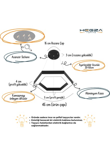 Hexagon (Siyah Kasa, Beyaz Işık) Ledli Modern Sarkıt LED Avize