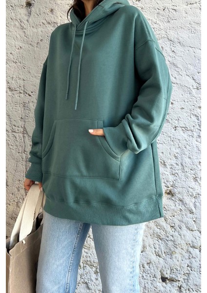 Kanguru Cepli Oversize Petrol Yeşili Sweatshirt