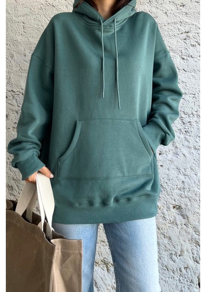 Kanguru Cepli Oversize Petrol Yeşili Sweatshirt