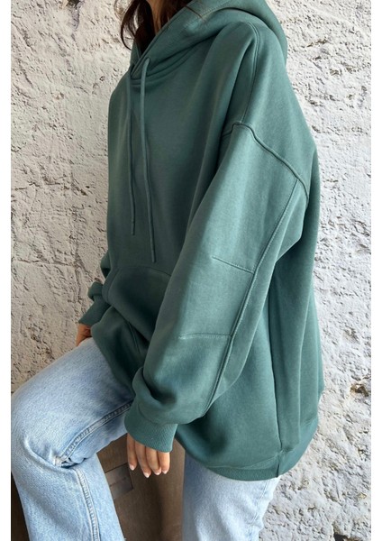 Kanguru Cepli Oversize Petrol Yeşili Sweatshirt