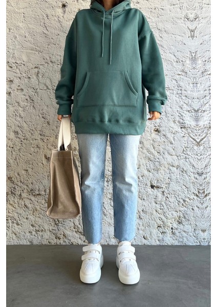 Kanguru Cepli Oversize Petrol Yeşili Sweatshirt