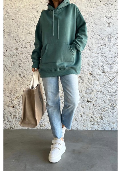 Kanguru Cepli Oversize Petrol Yeşili Sweatshirt