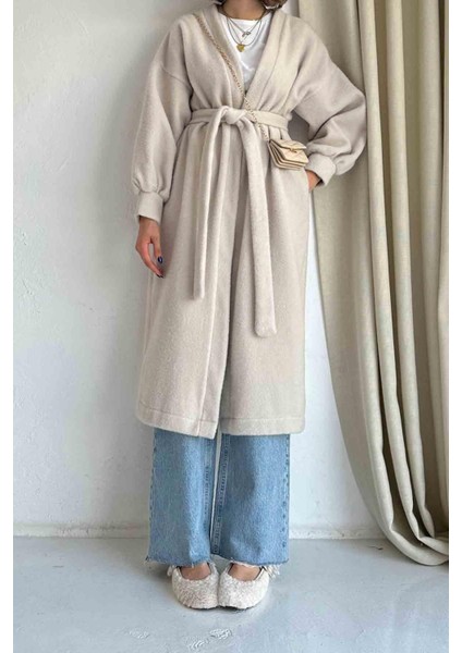 Oversize Taş Rengi Kaşe Kap Kaban