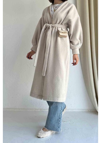 Oversize Taş Rengi Kaşe Kap Kaban