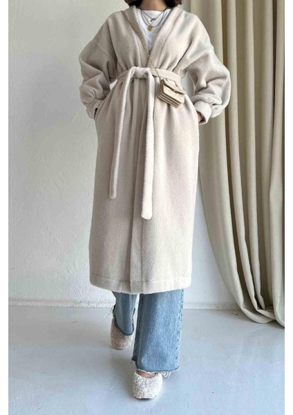 Oversize Taş Rengi Kaşe Kap Kaban