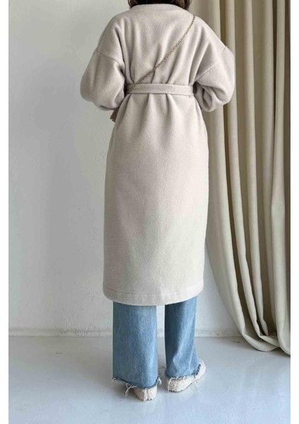 Oversize Taş Rengi Kaşe Kap Kaban