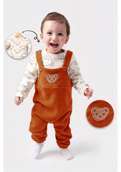 (3-12 Ay) Kadife Bear Panç Işleme Detaylı Erkek Bebe Salopetli takım - Turuncu