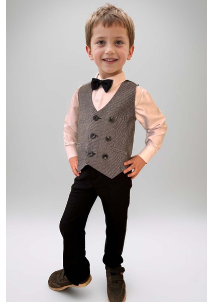 Erkek Bebek Dikey Çizgili Yelek Gri Takım Elbise fiyatları