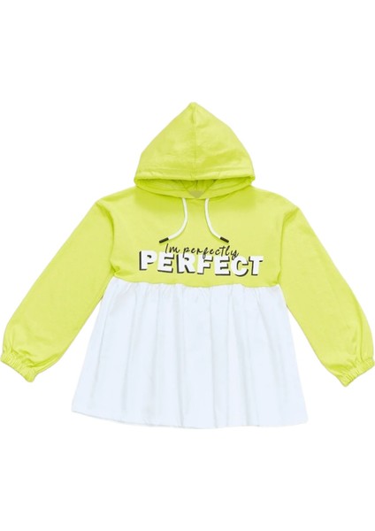Kız Çocuk Perfect Yazı Desenli Kapüşonlu Bilekleri Lastikli Fıstık Yeşili Renk Sweatshirt