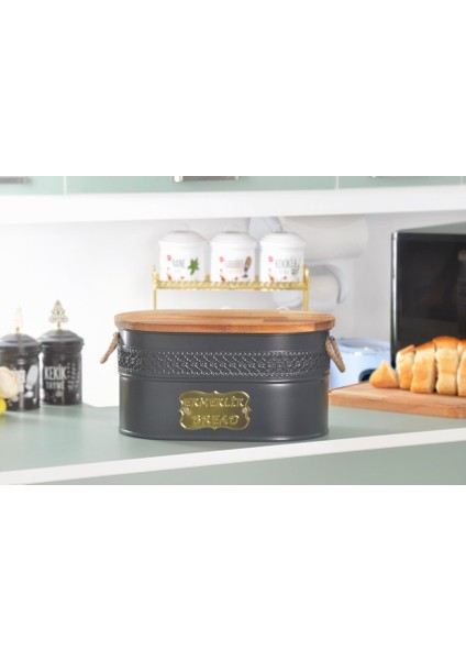 Metal Ekmeklik Ahşap Kapaklı Hasır Kulplu Ekmek Kutusu Antrasit