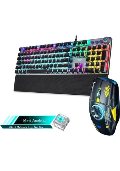 Shopfast Klavye Mouse Seti Kablolu Klavye Mekanik 2.4g Mouse Rgb Bilek Desteği Retro