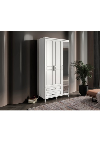 Ücretsiz Montaj - %100 MDF Gözde 3 Kapaklı Beyaz Gardırop - MDF Dolap - Elbise Dolabı