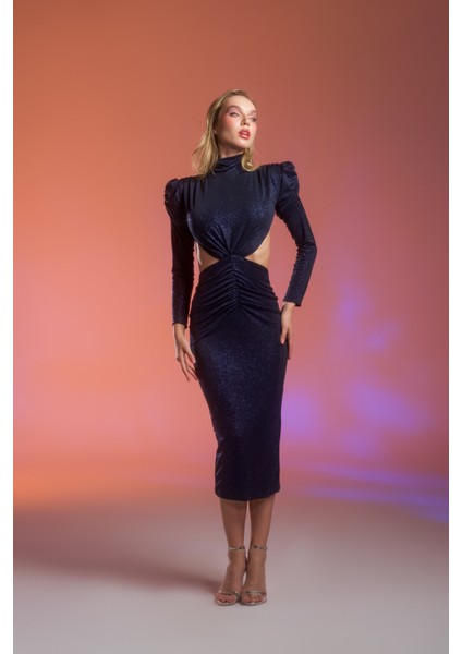 Lacivert Simli Cut Out Detaylı Midi Elbise