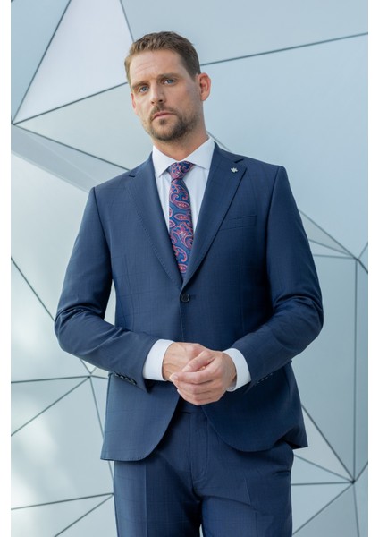 Erkek Lacivert Yünlü Platinium Ekoseli Slim Fit Mono Yaka Takım Elbise