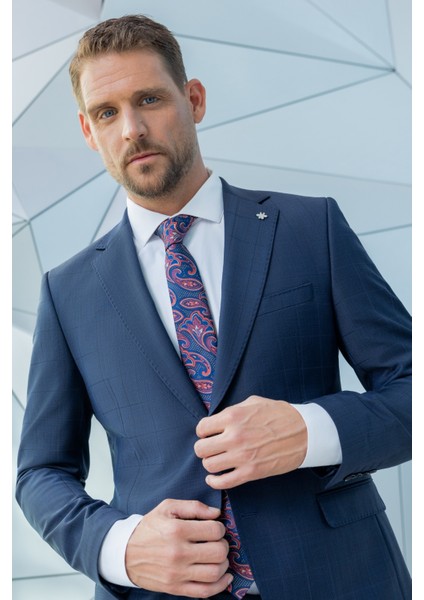 Erkek Lacivert Yünlü Platinium Ekoseli Slim Fit Mono Yaka Takım Elbise modelleri