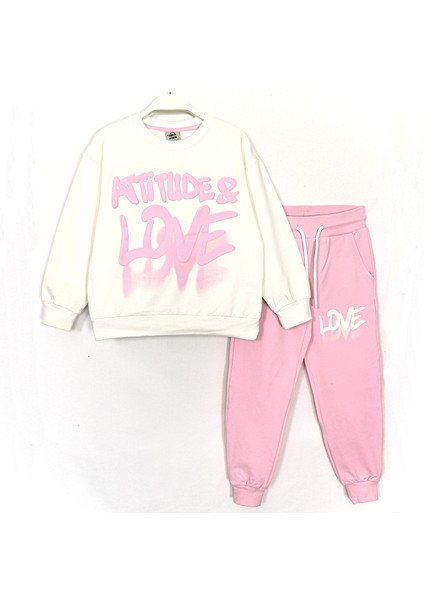 Attitude & Love Kabartma Baskılı Kız Çocuk Eşofman Takımı Ekru Pembe 001-0001942
