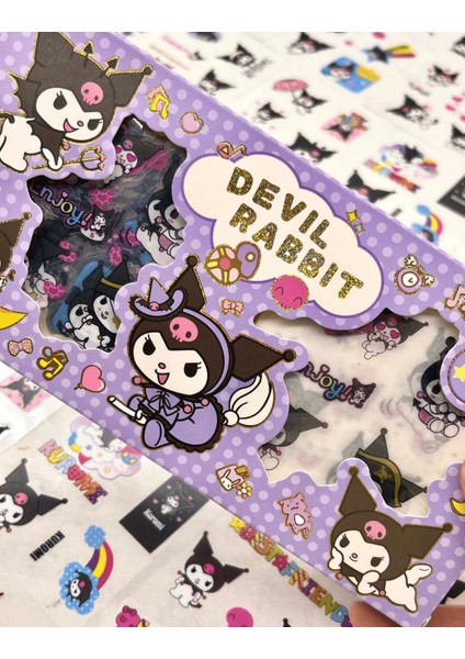 Sanrio Karakter Kuromi 20 Yaprak Pet Sticker 20 Yaprak Kağıt Sticker / 40 Yaprak Mor Kutu Sticker Set