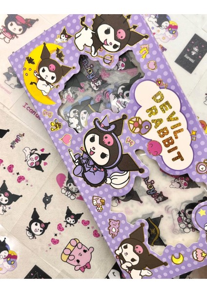 Sanrio Karakter Kuromi 20 Yaprak Pet Sticker 20 Yaprak Kağıt Sticker / 40 Yaprak Mor Kutu Sticker Set