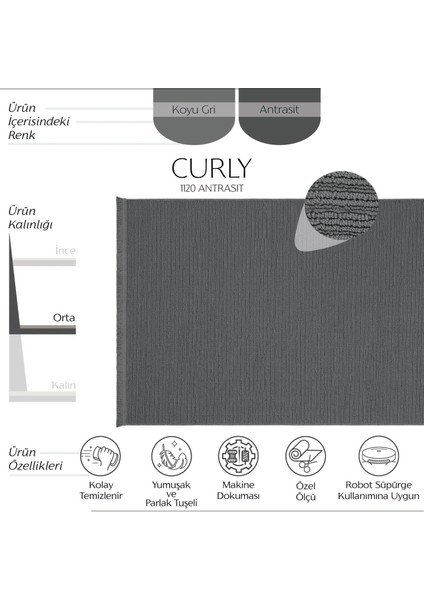 Curly 1120 Antrasit Halı Yolluk Bukle Salon Halısı Hol Koridor Halısı Dokuma Makine Halısı