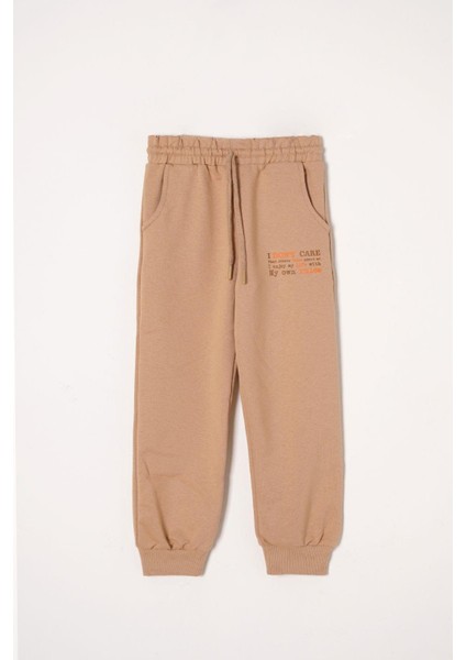 Yazı Baskılı Vizon Renk Erkek Çocuk Eşofman Tek Alt