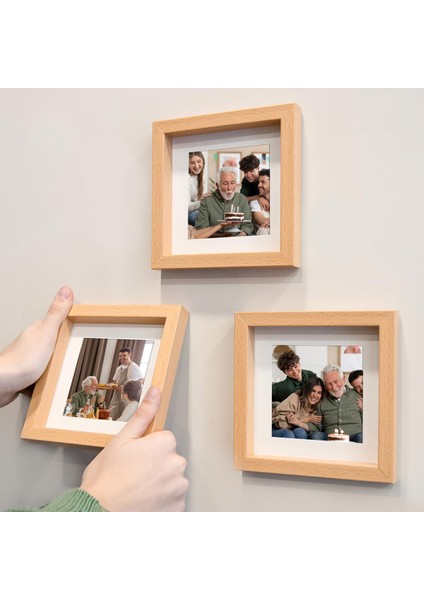 Yapışkanlı Sök-Tak Paspartulu Ahşap 14X14CM Pola Kare Fotoğraf Çerçevesi - 3'lü Paket