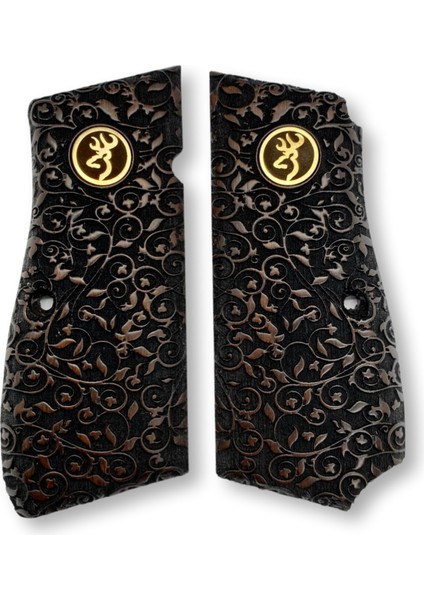 Kabzası - Zig 14, Browning Hp, High Power 14, Dik Kasa, Browning Halkalı (Halka Için Kesim Yaptırmak Için Mesaj Atın), Halkasız ile Uyumlu - Koyu Kahverengi Renk - Metal Logolu