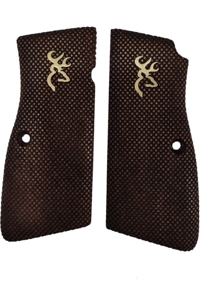 Kabzası - Zig 14, Browning Hp, High Power 14, Dik Kasa, Browning Halkalı (Halka Için Kesim Yaptırmak Için Mesaj Atın), Halkasız ile Uyumlu - Koyu Kahverengi Renk - Metal Logolu