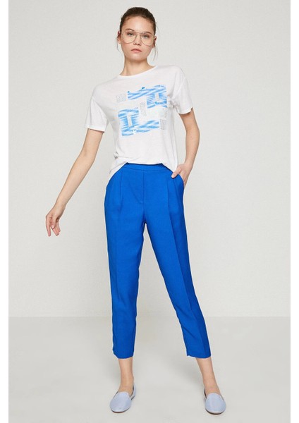 Saks Mavi Çift Pileli Normal Bel Lastikli Dokuma Pantolon