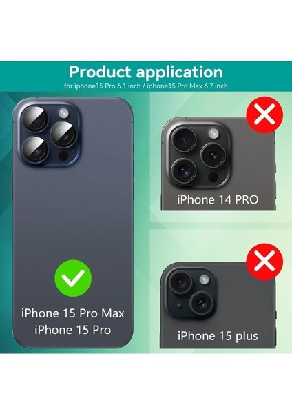 iPhone 15 Pro ve iPhone 15 Pro Max Uyumlu Çizilmeye Dayanıklı Temperli Kamera Lens Koruyucu