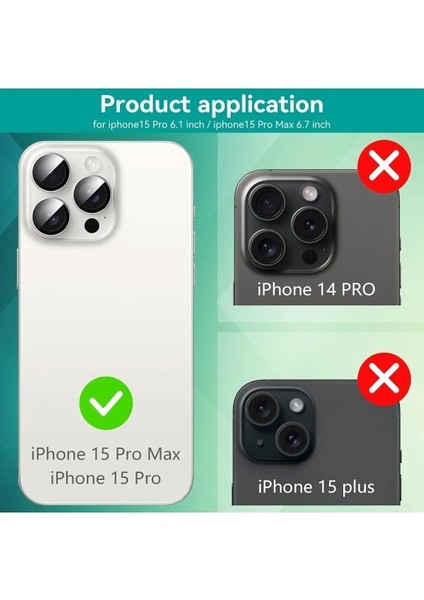 iPhone 15 Pro ve iPhone 15 Pro Max Uyumlu Çizilmeye Dayanıklı Temperli Kamera Lens Koruyucu