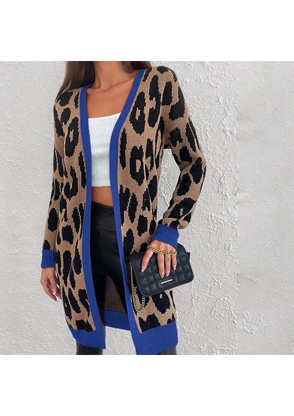 Leopar Desenli Şerit Detaylı Uzun Siyah Kahve Saks Renkli Hırka