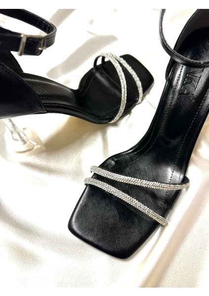 Lady Siyah Taşlı Çok Şık 8 cm Şeffaf Topuklu Küt Kare Burunlu Düğün Nişan Abiye Ayakkabı Sandalet modelleri
