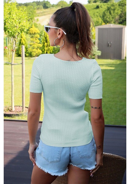 V Yaka Kısa Kol Mint Bluz modelleri