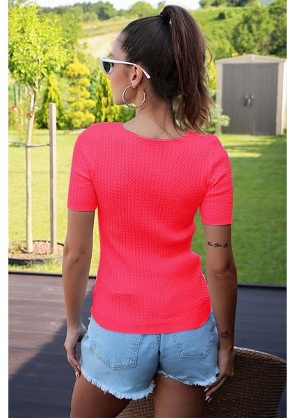 V Yaka Kısa Kol Fuşya Bluz modelleri