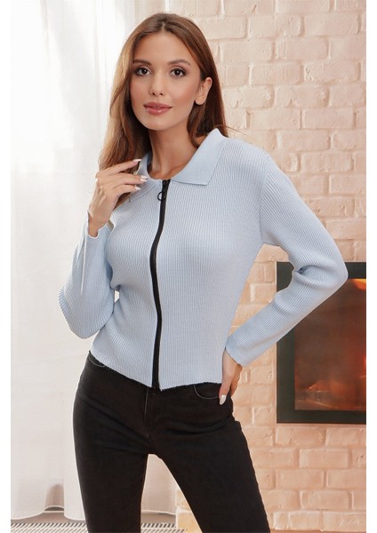 Çift Açılır Fermuarlı Polo Yaka Hırka
