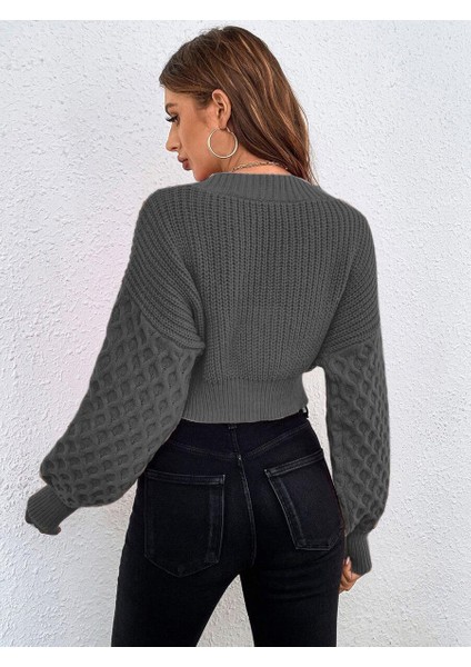 V Yaka Örgü Desenli Triko Crop Antrasit Hırka