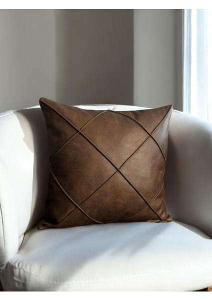 Doryan Home Efes Antik Modern Çizgili Desenli Suni Nubuk Acı Kahve Kare Dekoratif Kırlent Kılıfı 47X47