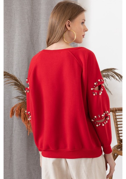 Kadın Kırmızı Kolu Kesik Inci Detaylı Sweatshirt modelleri