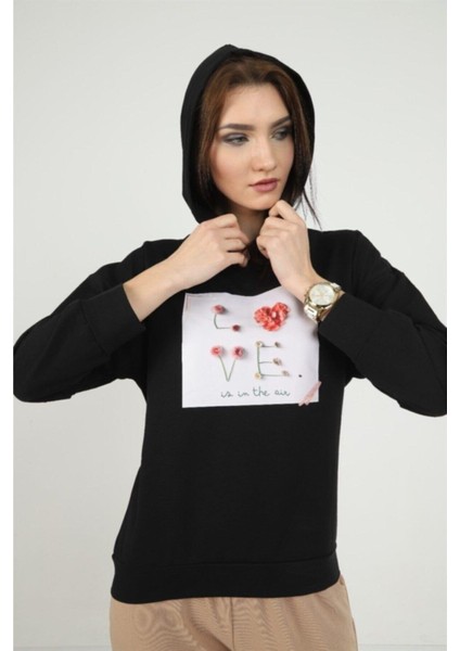 Kadın Önü Love Motifli Siyah Kapüşonlu Sweatshirt fiyatları