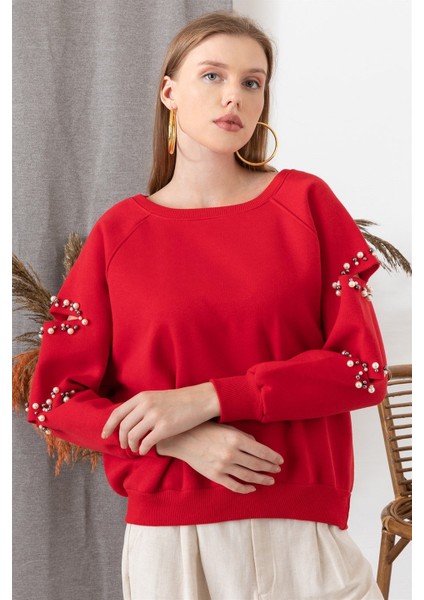 Kadın Kırmızı Kolu Kesik Inci Detaylı Sweatshirt