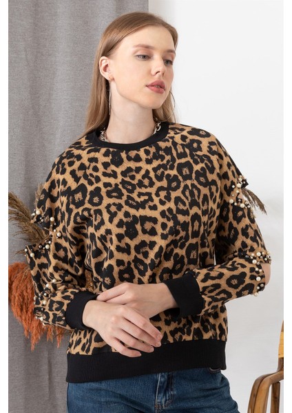 Kadın Leopar Kolu Kesik Inci Detaylı Sweatshirt