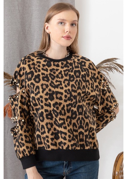 Kadın Leopar Kolu Kesik Inci Detaylı Sweatshirt modelleri