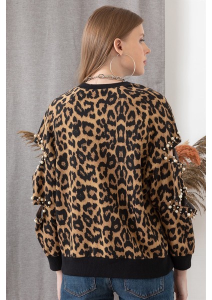 Kadın Leopar Kolu Kesik Inci Detaylı Sweatshirt fırsatları